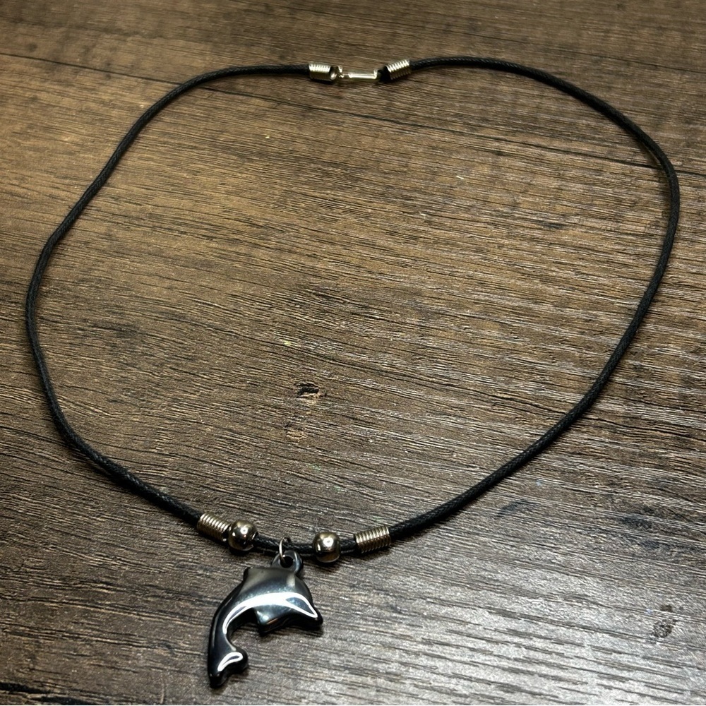 Hematite Stone Dolphin Pendant On Leather Necklace
